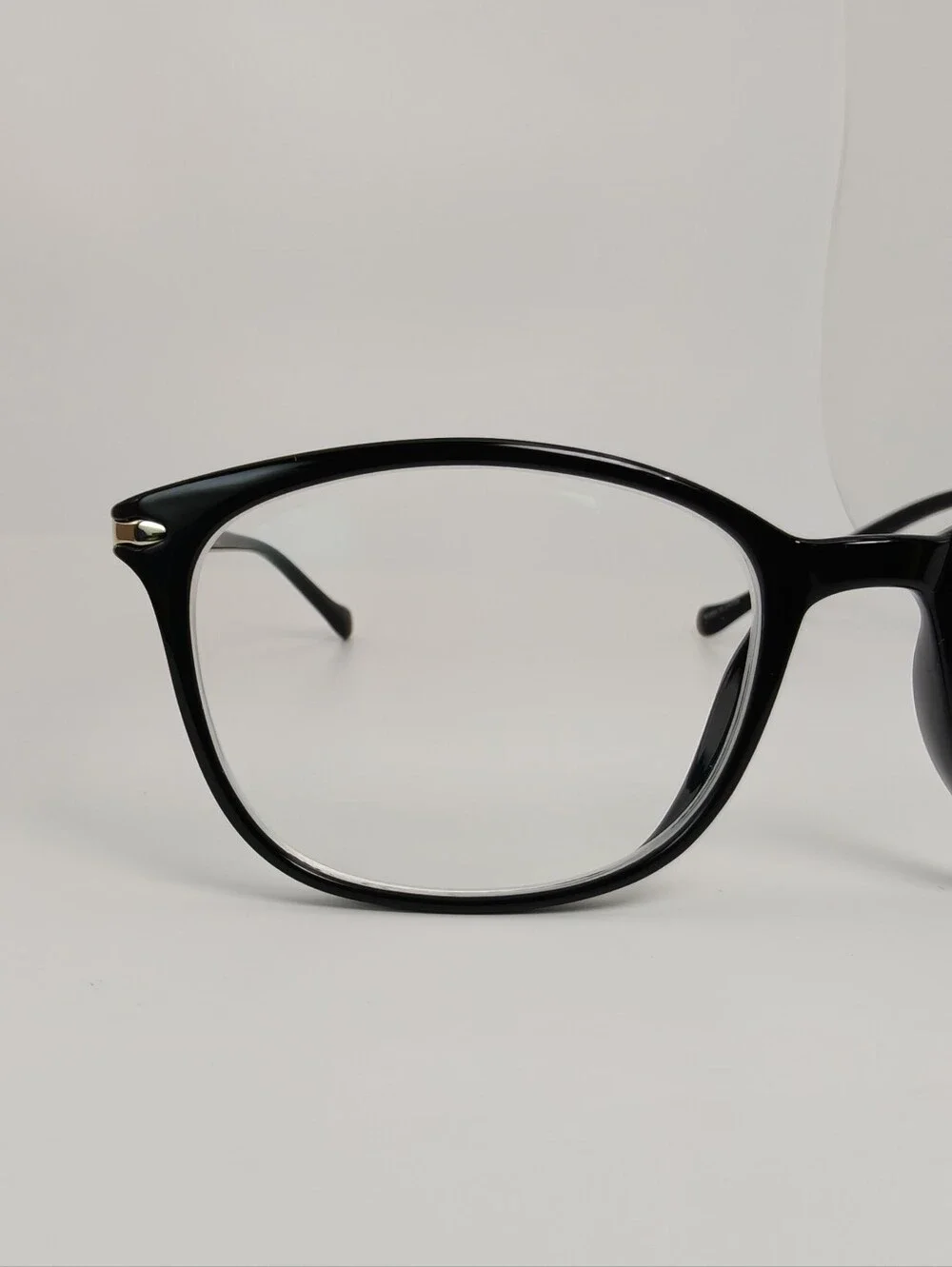 Nola. Classic Black Women's Eyeglass Frames. Gold Shield At Temple Corners.